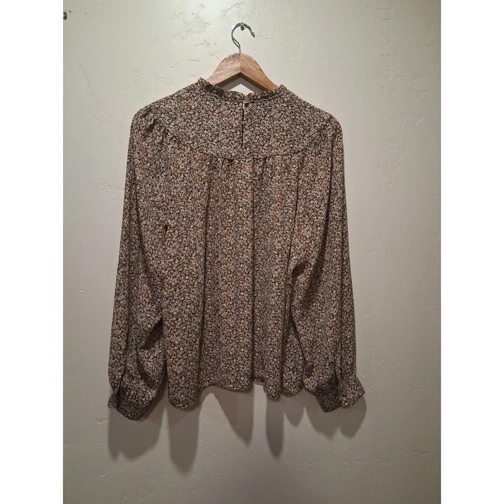 Loft Women Sz L Long Sleev Ditzy Floral Ruffle Neck Blouse Renfair Romantic Boho